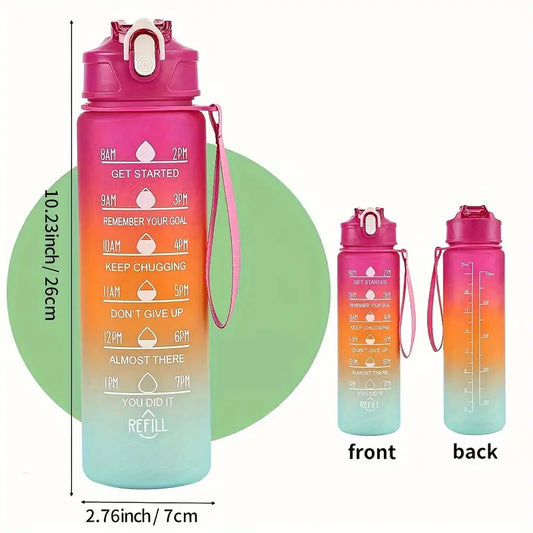 1L Rainbow Sports Water Bottle 32oz Motivational Time Marker Bottle with Strap Leakproof & BPA-Free Hydration Tracker